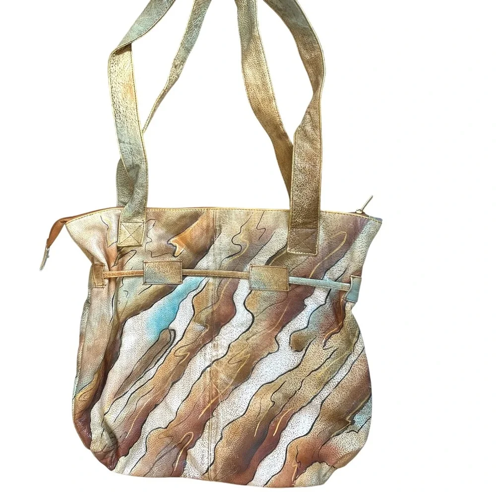Vintage Hand-Painted Leather Tote Bag Abstract Earth Tone Wave Shoulder Bag